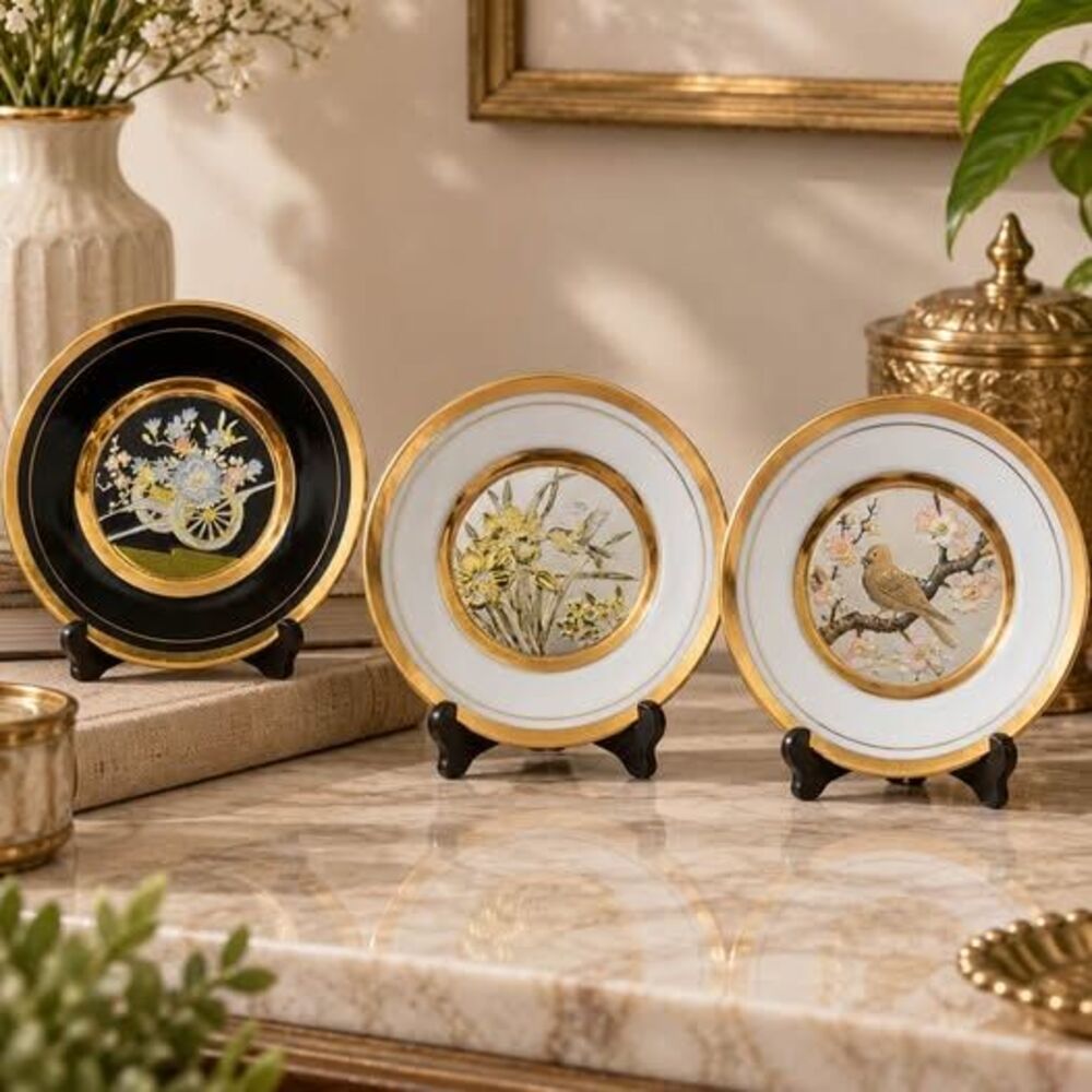 Vintage Japanese Chokin Art 24KT Gold Miniature Plates - Set of 3
